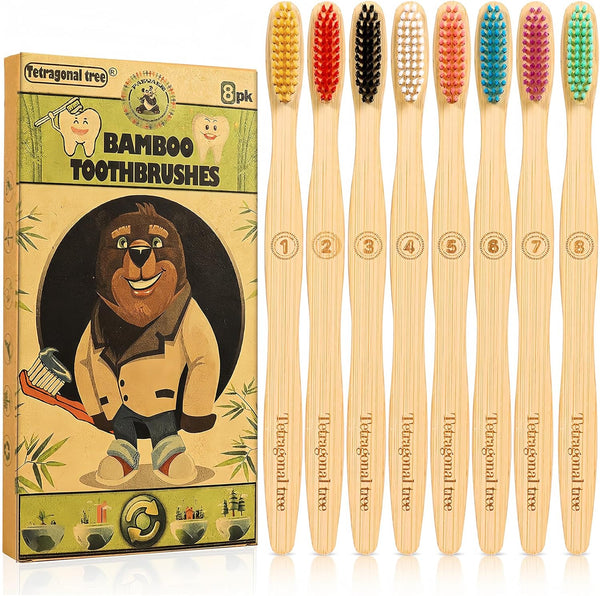 8 Count Biodegradable Bamboo Toothbrushes, Natural Value Pack, Extra Soft for Sensitive Teeth & Gums