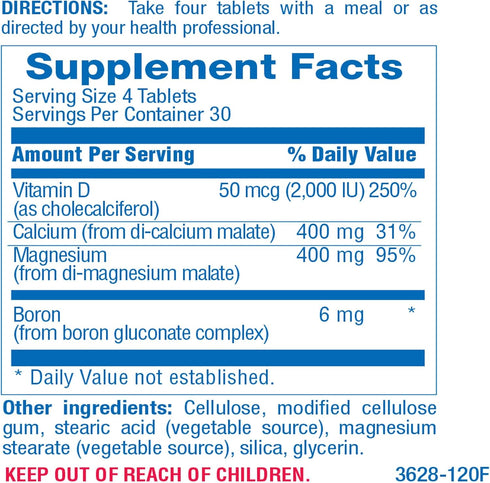 Magnesium and Calcium Supplement for Women and Men - 120 Tablets for Bone Strength with Boron, Calcium, Magnesium,
