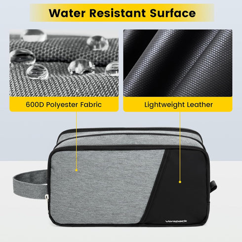 Vorspack Travel Toiletry Bag - Large Water Resistant Skincare Bag, Dopp Kit for Bathroom Toiletries Accessories, Grey