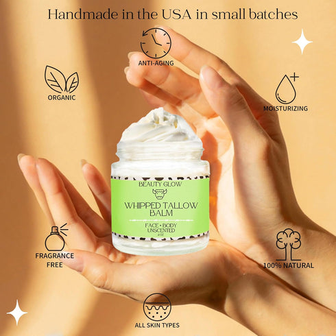 Organic Whipped Beef Tallow + Rosehip Oil for Face & Body Moisturizer Cream - Unscented, Fragrance-Free 4 Fl Oz