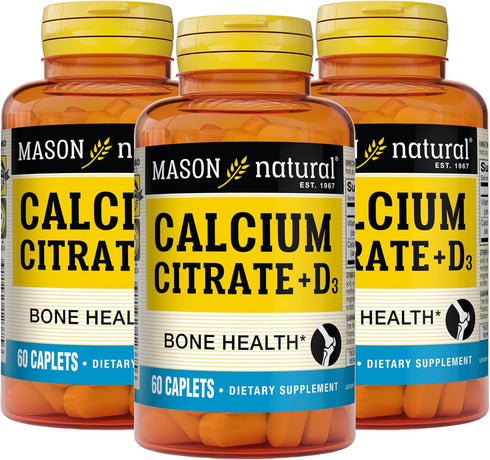 MASON NATURAL Calcium Citrate Plus Vitamin D3 - 60 Caplets (Pack of 3), Strengthens Muscle Function, for Bone and