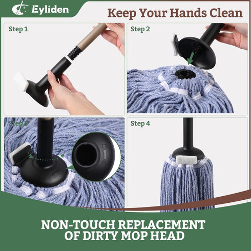 Eyliden String Mop with 2 Reusable Heads, Non-Touch Replacement Mops for Floor Cleaning