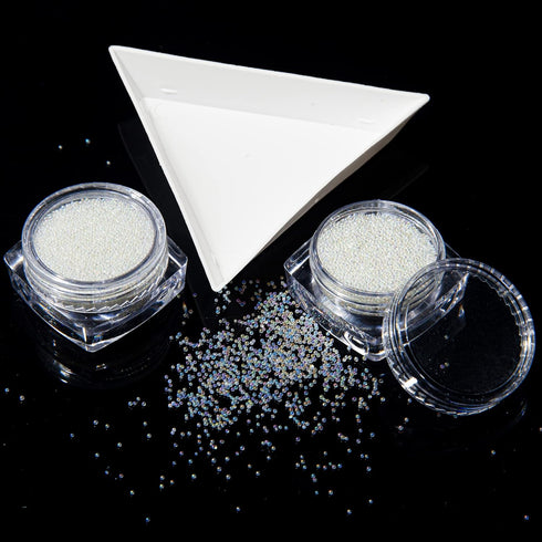 Nails Art Mini Rhinestones Beads AB Micro Ball Gems 3D Manicure Tips in Two Bottles with Tray