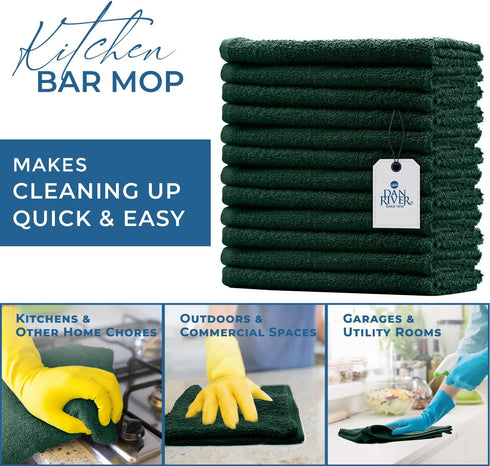 Dan River 100% Cotton Bar Mop Cleaning Kitchen Towels | Highly Absorbent, Quick Dry, Pack of 12, 16x19, Hunter Green