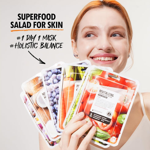 FARMSKIN Superfood Salad Sheet Mask Set of 6 | Face Mask Sheets including MangoSteen, Broccoli, Carrot, Coconut, Blueberry & Tomato | Refreshing, Nourishing & Cruelty-Free Face Mask Skincare Set