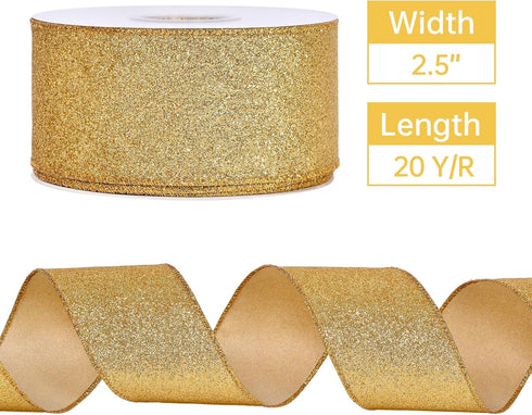 YAMA Glitter Wired Ribbon, Gold, 2-1/2 inch x 20 Yards, for Christmas, Gift Wrapping, Wreath, Crafts, Bow Making and Party Decoration by YAMA
