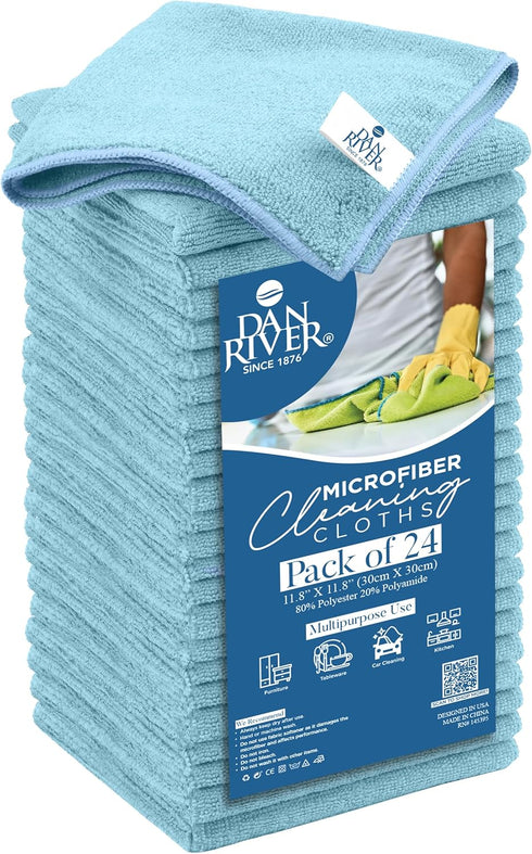 DAN RIVER Microfiber Cleaning Cloth, 24 Pack Economy Bundle, Soft Absorbent Rags for Cars, Glasses, Kitchen, Blue