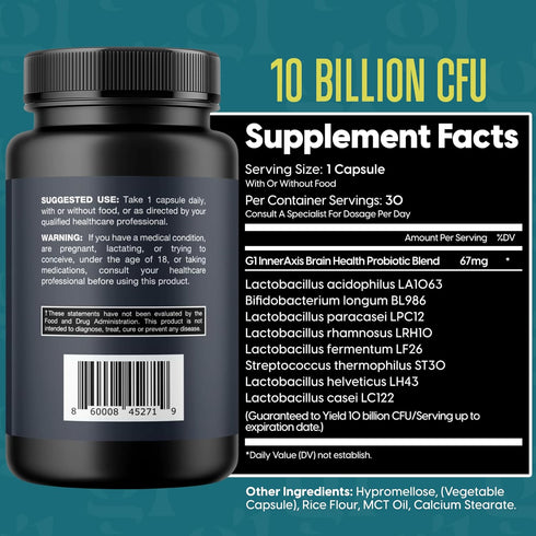 InnerAxis 2-in-1 Brain and Gut Health Probiotic, 10 Billion CFU, 8 Probiotic Strains for Gut, Psychobiotic, Mood and Brain Support, Acidophilus Probiotic for Women and Men, 30 Servings
