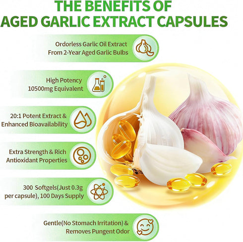 Yiishuiil 7500mg Immune 300 Aged Garlic Extract - Odorless, Organic Garlic Extract Capsules | Heart & Antioxidant