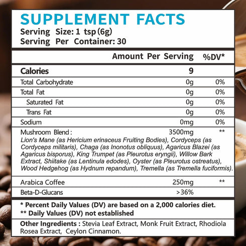 Pureverve Organic10 30 Mushroom Coffee, Mushroom Extract Powder Blend Lion's Mane, Reishi, Chaga, Cordyceps, Turkey