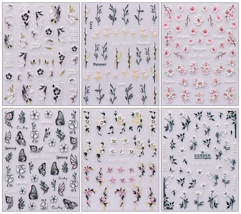 JMEOWIO 6 Sheets 3D Embossed Spring Flower Nail Art Stickers, Self-Adhesive Decals for Summer Nail Design