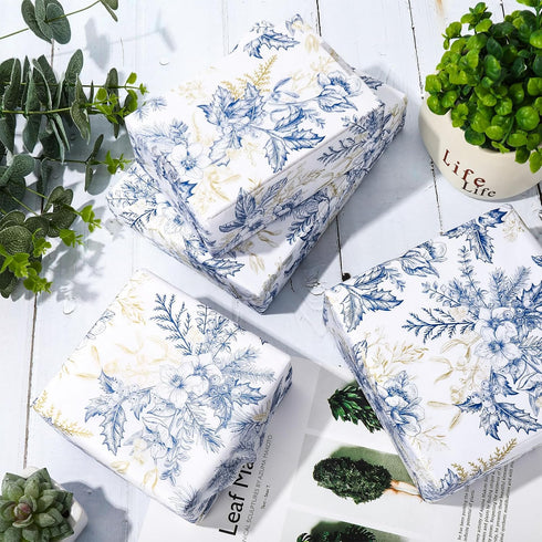 JarThenaAMCS 100 Sheet Floral Tissue Paper, Blue Gold Flower Berry Wrapping Paper for Wedding Birthday Baby Shower DIY