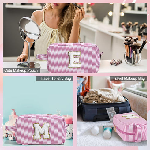Birthday Gifts for Women, Personalized Monogram Initial Pink Makeup Bag, Cute Cosmetic Pouch for Her