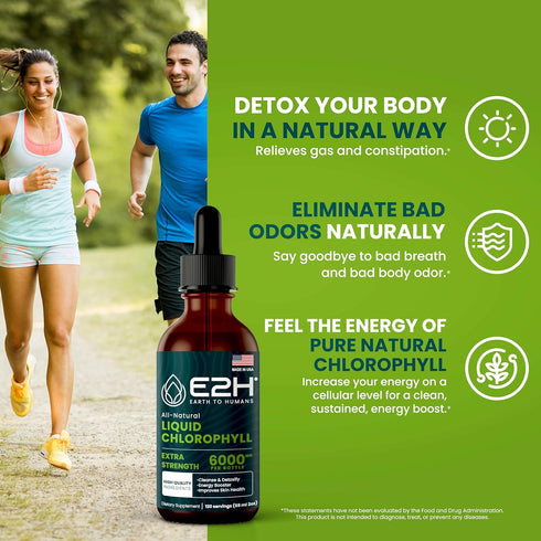 E2H Chlorophyll Liquid Drops, All-Natural Energy Booster, 2 Fl Oz, Vegan, Gluten Free