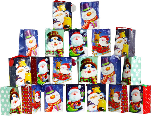 Iconikal 20-Pack Christmas Gift Bags - Small 4x6x2.5-Inch, Snowman, Santa, Reindeer, with Ribbon Handles