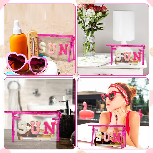Y1tvei Preppy Patch SUN Varsity Letter Cosmetic Bag, Transparent PVC Zipper Makeup Clutch, Portable Waterproof Travel