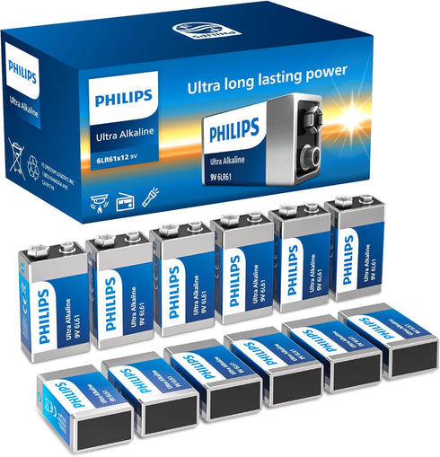 Philips 9V 9 12 Pack 9V Batteries Alkaline Volt Battery Ultra Long Lasting Battery for Household and Office Devices