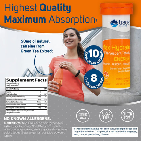 Trace Minerals Max-Hydrate Endurance Effervescent Tablets, Energy Support, Orange Flavor, 8 x 10 Tabs
