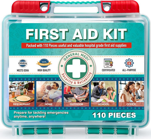 General Medi 110 Pieces Small First Aid Kit - Hard Case First Aid Box for Travel, Home, Office, Camping