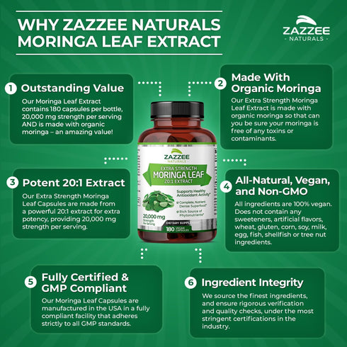 Zazzee Organic Moringa 20:1 Extract, 20,000 mg Strength, 180 Vegan Capsules, 100% Pure Oleifera Leaf