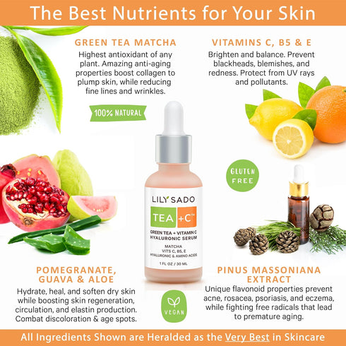 LILY SADO TEA+C Green Tea + Vitamin C Super Serum Natural Vegan Best Antioxidant Anti-Wrinkle Moisturizing Formula