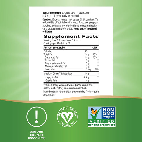 Nature's Way Organic MCT Oil, 16 Fl Oz, Brain and Body Fuel from Coconuts