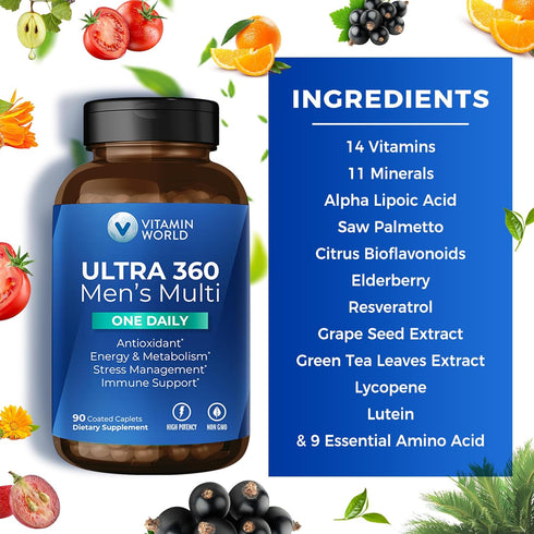 Vitamin World Ultra 360 Multivitamin for Men One Daily - 90 Caplets with Minerals, Herbs & Antioxidants