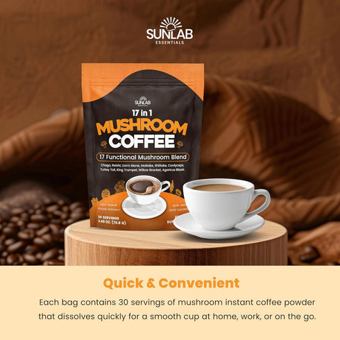 SunLab Essentials 17 Immunity, 30 Organic Mushroom Coffee Functional Mushroom Blend (Lion's Mane, Reishi, Chaga