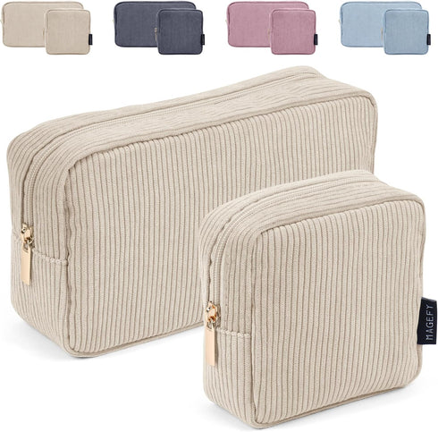MAGEFY Makeup Bag for Purse, 2 Pcs Corduroy Cosmetic Bag for Girls Women, Small Travel Pouch with Zipper (Beige)