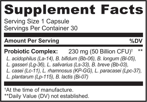 NATURELO Probiotics for Digestive Health, 50 Billion CFU, 11 Strains, 30 Vegetarian Capsules