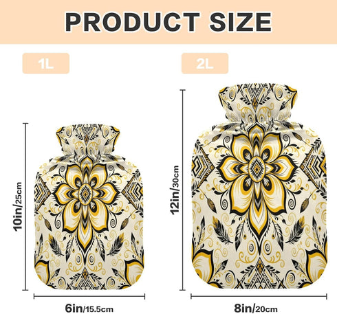 miaozhen 2L Tummy Paisley Flower Dark Black Yellow Gold Water Bottle for hot Water with Soft Cover Warmer Bag