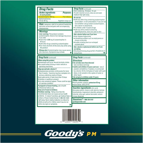 Goody's PM Nighttime Powder, Acetaminophen 500mg, Dissolve Packs for Pain with Sleeplessness, 12 Pack