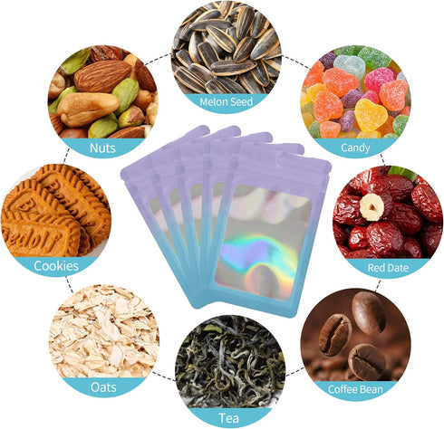 300 Pack Resealable Mylar Holographic Bags, Smell Proof Food Storage Pouches with Front Window, Pink to Blue