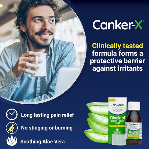 Canker-X Rincinol Oral Rinse Mouthwash - Quick Pain Relief from Canker Sores, Benzocaine & Alcohol Free, 4.0 Fl. Oz.