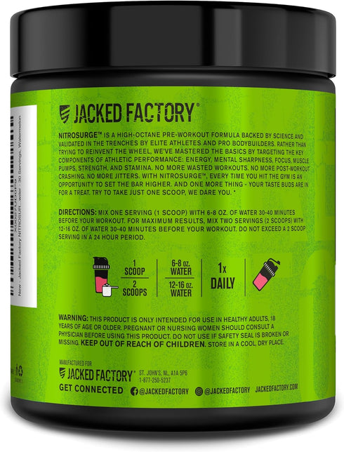 Jacked Factory NITROSURGE Pre Workout Supplement - Watermelon, 30 Servings, Clear Focus, Intense Pumps, NO Booster &