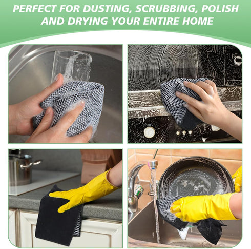 SINLAND Microfiber Dish Cloth, 10 Pack, 12 Inch x 12 Inch, Best Kitchen Washcloths with Poly Scour Side, Black