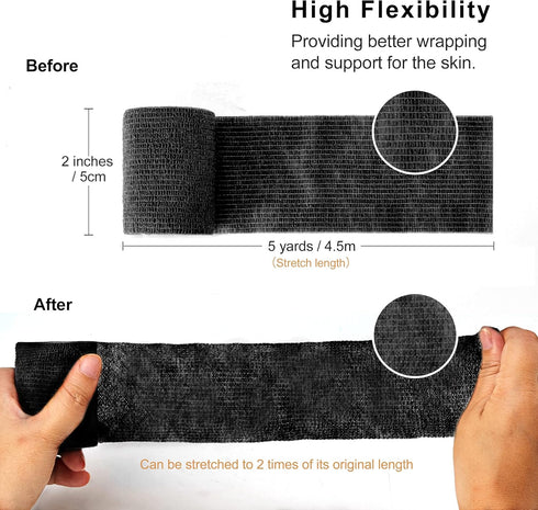 SUPERBE 2 inch 5 (2 Inch, 24-Black) Self Adhesive Bandage Wrap Tattoo Grip Tape x Yards Cohesive Bandage Wrap Medical