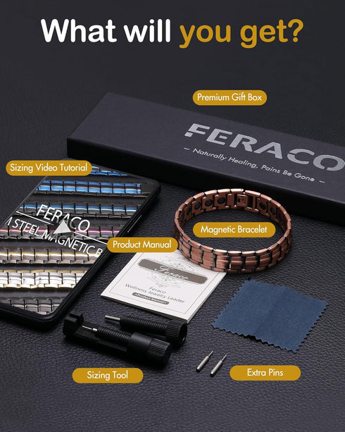 Feraco Copper Bracelet for Men, 99.99% Pure Copper Gift with Adjustable Sizing Tool