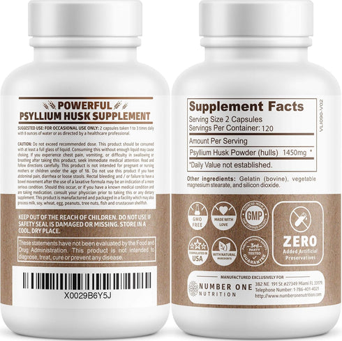 N1N Premium Psyllium Husk Capsules - All Natural 1450 MG Soluble Fiber Supplement, 240 Caps