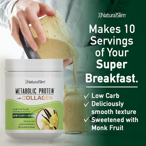 NaturalSlim Metabolic Protein Powder with Collagen Vanilla - Low Carb Meal Replacement Shake Mix - 17.6 oz for Hair,