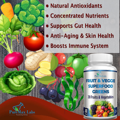 Superfood Greens - 28 Fruits and Vegetables, Natural Antioxidants - 60 Tablets with Alfalfa, Spirulina, Beet Root