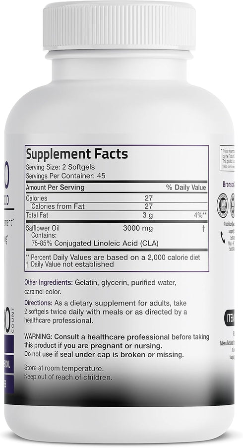 Bronson CLA 3000 Extra High Potency Supports Healthy Weight Management Lean Muscle Mass Non-Stimulating Conjugated Linoleic Acid, 90 Softgels