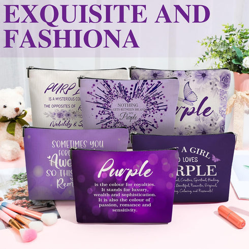 Hillban 6 Pcs Purple Makeup Bag Gifts - Inspirational Zipper Cosmetic Pouch for Purple Lovers