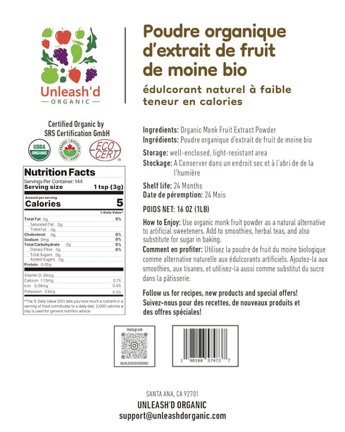 UNLEASH'D ORGANIC 16 oz 100% Unleashd Organic Monk Fruit Powder Pure Monk Fruit | No Added Sugar | Unsweetened |