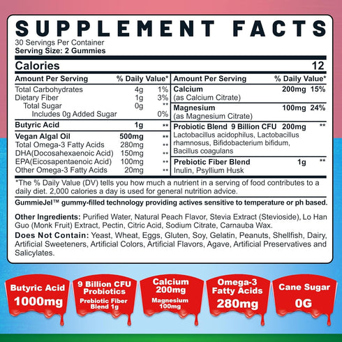Butyrate Gummies with Probiotic + Prebiotic + Postbiotic - 9 Billion CFU Probiotics with Fiber, Calcium & Magnesium, Omega-3, Inulin, Psyllium Husk for Digestive Health, Bloating Support, Sugar Free