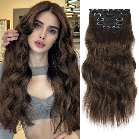Vigorous Clip in Hair Extensions 20 Inch, 6 Pcs Long Wavy Hairpieces in Medium Brown