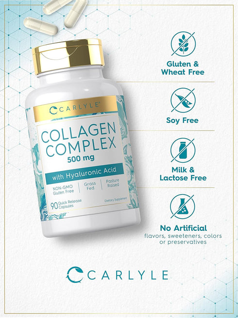 Carlyle Collagen Pills with Hyaluronic Acid, 500mg, 90 Capsules, Non-GMO, Gluten Free Hydrolyzed Supplement
