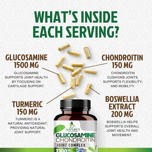 Triple Strength Glucosamine Capsules - Joint Support Supplement with Turmeric & Boswellia, Quercetin Bromelain - 120