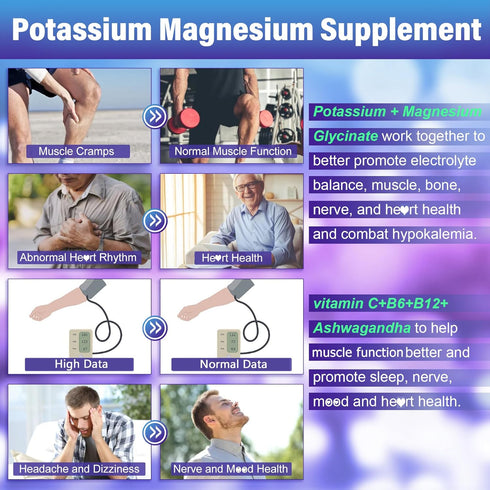 Potassium Magnesium Gummies - Potassium Supplement w/Ashwagandha 200mg, High Absorption Magnesium Glycinate, B6, B12,