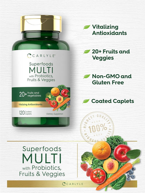 Carlyle Fruits and Veggies Supplement, 120 Count, Superfood Multivitamin with Probiotics, Made with 20 Fruits and